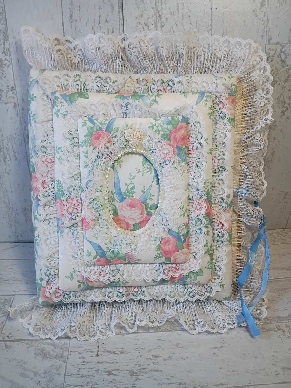 Vintage Album Hand Made Floral Lace Cottagecore Romantic  in Cream, Pink & Blue